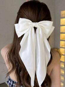 1 pieza Diadema de satén de seda blanca grande para mujer, pinza de pelo con lazo, pinza de pelo de cola larga para niñas, accesorio de pelo grande, adecuado para uso diario, atuendos de fiesta, pinza de pelo con lazo vintage, uso multiusos - Blanco - Ver 4