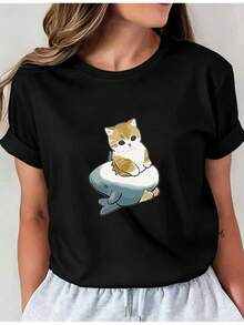 Camiseta Deportiva Casual para Mujer - Camiseta Negra con Gráfico de Gato Montando una Ballena - Elástica y de Cuello Redondo, Lavable aáquina, Ajuste Cómodo para Todas las Estaciones, para Amantes de los Animales. - Negro - Ver 1