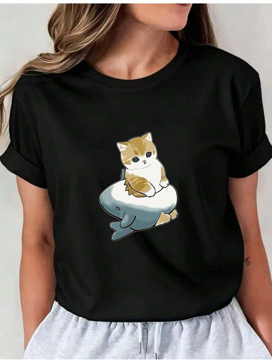 Camiseta Deportiva Casual para Mujer - Camiseta Negra con Gráfico de Gato Montando una Ballena - Elástica y de Cuello Redondo, Lavable aáquina, Ajuste Cómodo para Todas las Estaciones, para Amantes de los Animales. - Negro - Ver 1