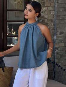 Top corto sin mangas de denim con corbata en el cuello para mujer - Azul lavado medio - Ver 6