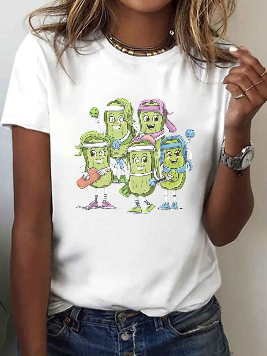 Women's Pickleball Print T-Shirt - Casual Short-Sleeved Crew Neck T-Shirt With Cartoon Character Design, Breathable And Medium Stretch Fabric, Machine Washable, Suitable For Spring And Summer, Sportswear For An Active Lifestyle, Comfortable T-Shirt With Fun Print, A Must-Have For Fashion Lovers. - 白色 - 查看 1