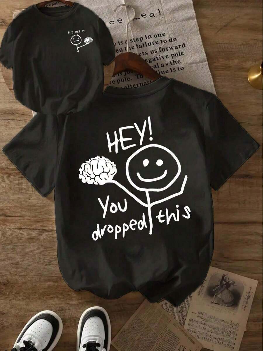 Camiseta de manga corta de gran tamaño, con estampado de figura de dibujos animados simple a doble cara, estilo casual, cuello redondo, ropa de mujer - Camiseta unisex de algodón 100% estilo vintage urbano, holgada. - Negro - Ver 1