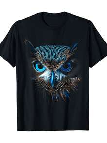 Black Owl Print T-Shirt With Turquoise Blue Eyes - 100% Pre-Shrunk Cotton, Casual Short-Sleeved T-Shirt With Round Neck And Double Stitching, Featuring A Realistic Owl And Wings Design, Suitable For Daily Wear, Fitness And Travel (Sizes S-XXXL). - 黑色 - 查看 8