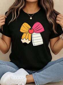 Women's Blouses Gift Short Sleeve T-Shirt With Pencil Print, Round Neck, Women's T-Shirts, Graphic Blouses For Women Softeurmuse - 黑色 - 查看 1
