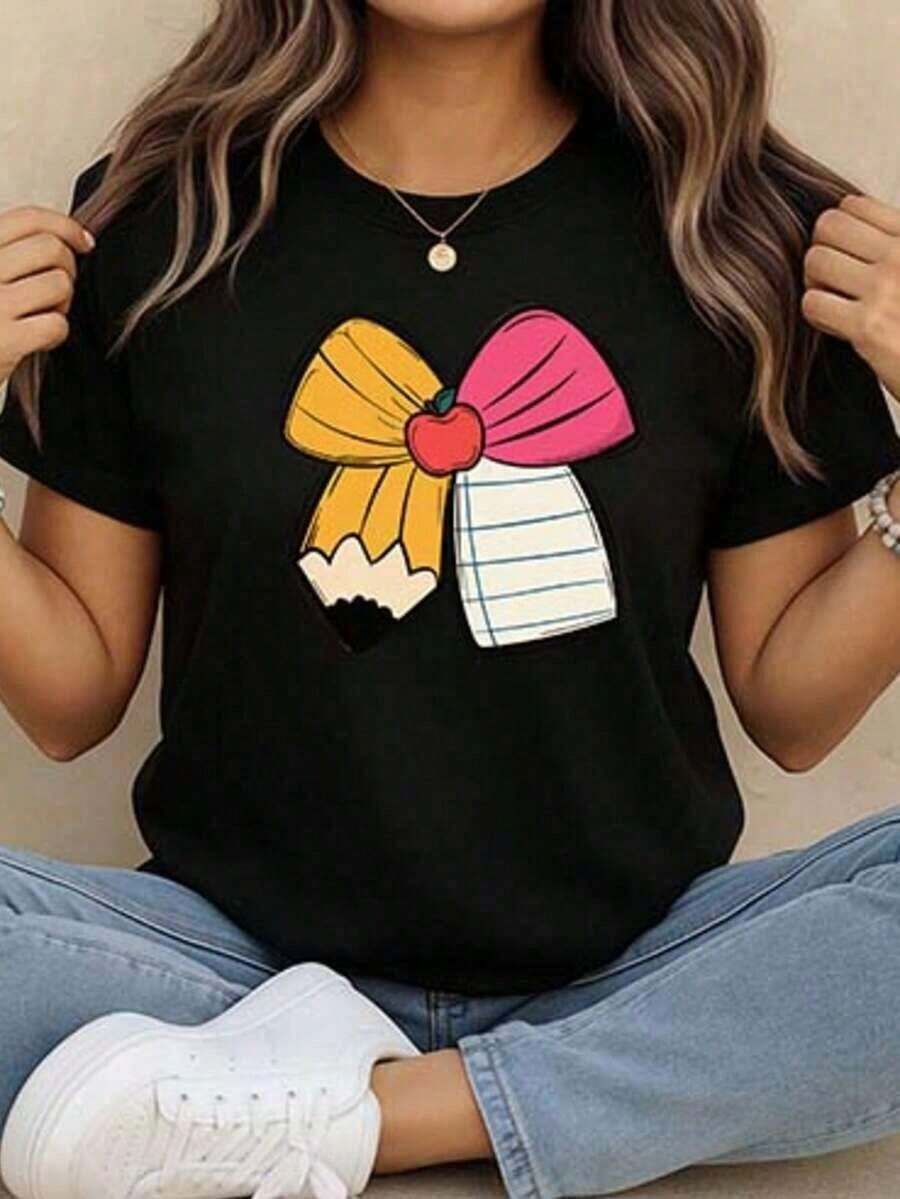 Women's Blouses Gift Short Sleeve T-Shirt With Pencil Print, Round Neck, Women's T-Shirts, Graphic Blouses For Women Softeurmuse - 黑色 - 查看 1