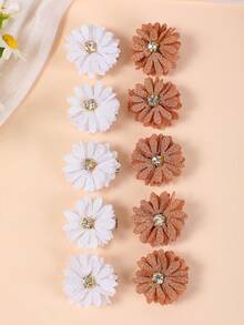 10pcs White & Beige Daisy Rhinestone Flower Small Hair Clips, Minimalist Side Bangs Clips, Sweet Girl Accessories, Suitable For Daily Use, Gift,Hair Slide,Claw Clips - Multicolor - View 4