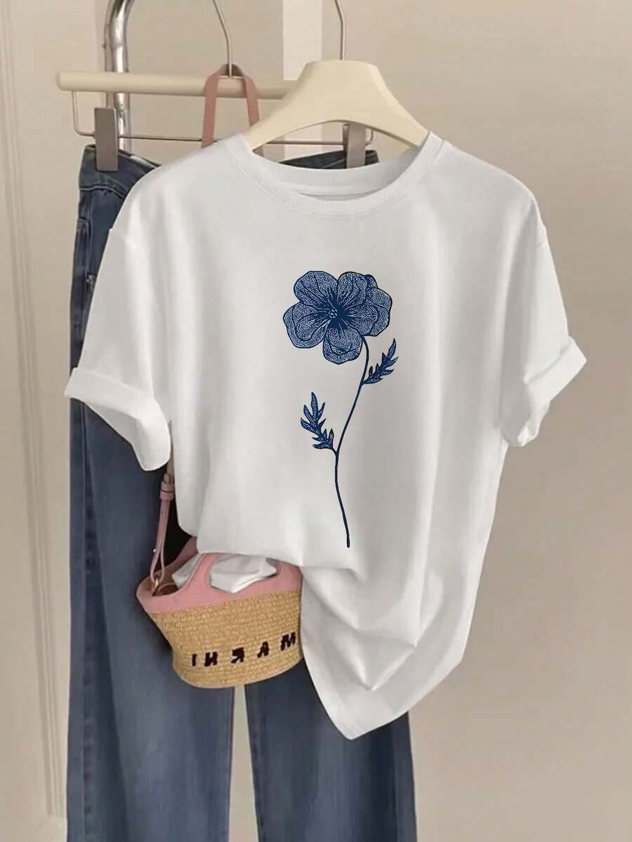 Camiseta con estampado gráfico, manga corta y cuello redondo, top casual para verano y primavera, ropa de mujer