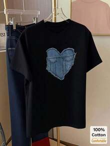 Nueva Camiseta de Moda para Mujer con Cuello Redondo, Edición Limitada, camiseta de manga corta de longitud media con estampado de corazón para mujer, top casual elegante, de algodón ligero, diseño versátil para el verano. - Negro - Ver 5
