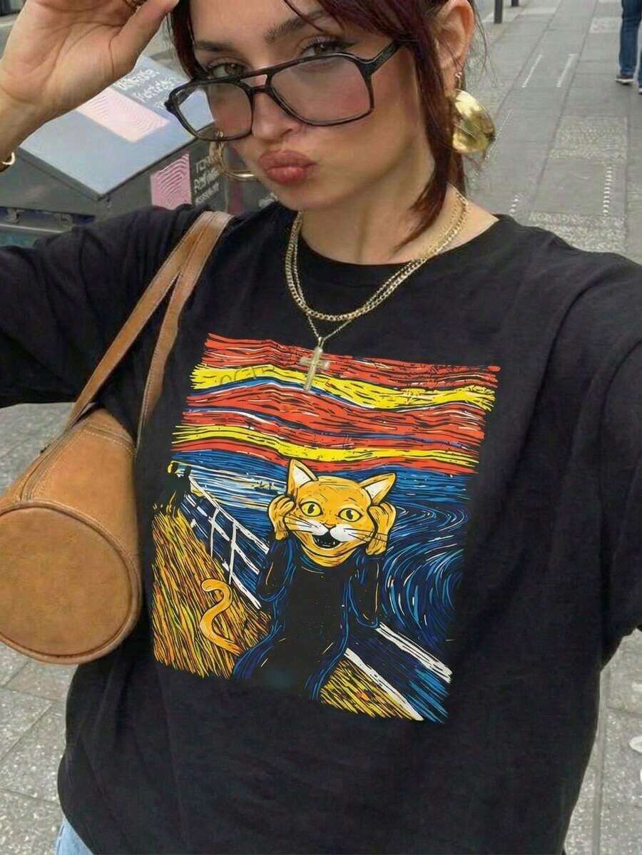 New Fashionable Women's Round Neck T-Shirt, Limited Edition, Women's Summer T-Shirt With Cat Print, Round Neck And Short Sleeve, Versatile Casual Style, Suitable For Daily Wear, Black, Lightweight Cotton, Versatile Design Ready For Summer. - 黑色 - 查看 1