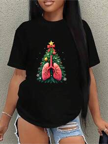 Women's Casual Blouse, Simple Style For Everyday Wear, Elegant Christmas Print T-Shirt - Black Top With Christmas Design, Suitable For Both Everyday And Festive Occasions - Machine Washable, Not See-Through, Christmas Themed T-Shirt, Comfortable, Soft, Simple For Everyday Wear, Short Sleeve Top. - 黑色 - 查看 7