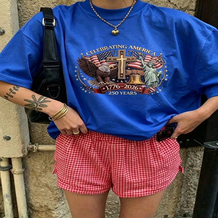 Heartfelt Daily Casual Graphic T-Shirt 100% Cotton Oversized Soft Breathable Casual Crewneck Short Sleeve Top Vintage Red Checkered Shorts Street Style Aesthetic Daily Fashion Lovers Casual Wearers Daily Outfit Enthusiasts Gift Givers - 藍色 - 查看 1