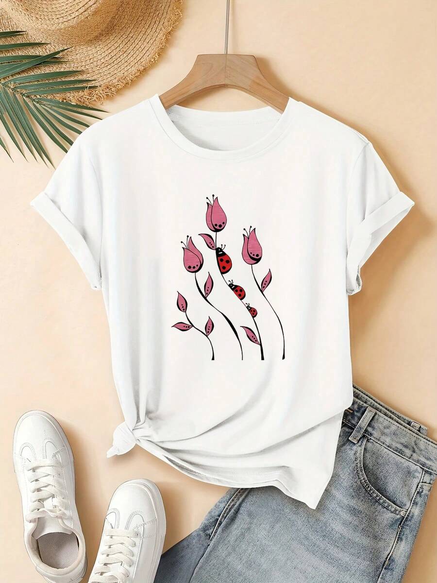 Limited Time Offer, Limited Quantities, Flash ! Women's Casual Shirts, Women's Polyester T-Shirts, Elegant Shirts. Women's Short-Sleeve Crew Neck T-Shirt With A Pink Floral Ladybug Print, Fashionable And Cute, Machine Washable, Casual Everyday Urban Style Top, Ideal Gift Choice, Suitable For Home, Office, And Other Outfits. - 白色 - 查看 1