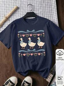 Cute Vintage 90s Goose Design T-Shirt, Comfortable Short Sleeve T-Shirt With Cartoon Letter Print, Suitable For Various Occasions, As A Gift For Festivals, Birthdays, Music Festivals, Casual And Versatile Wear, For Beach Vacations, Simple And Fashionable, Suitable For Daily Wear By Women And Girls. - 藏蓝色 - 查看 2