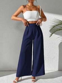 Clasi Pantalones casuales de oficina sueltos con cintura alta, plisados y pernera ancha de unicolor para mujer - Azul marino - Ver 4