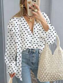 Camisa casual con botones, con volantes, estampado floral diminuto y decoración de perlas, ideal para primavera y vacaciones - Blanco - Ver 7