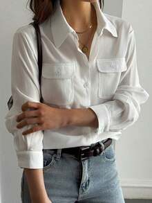 Camisa de mujer de manga larga de unicolor casual, para primavera y otoño, blusas de manga larga estilo Y2K, ropa de mujer de otoño - Blanco 3 - Ver 7