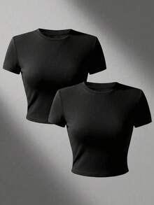 Camiseta de mujer de manga corta, cuello redondo, ajuste ceñido, estilo casual para primavera y verano, camiseta de mujer, top básico de mujer, top corto, top para exteriores en color blanco - 2 piezas negras - Ver 1