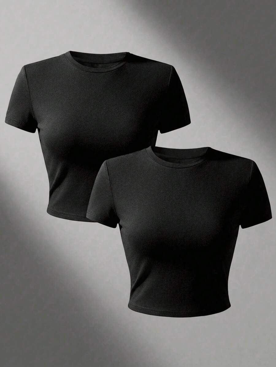 Camiseta de mujer de manga corta, cuello redondo, ajuste ceñido, estilo casual para primavera y verano, camiseta de mujer, top básico de mujer, top corto, top para exteriores en color blanco - 2 piezas negras - Ver 1
