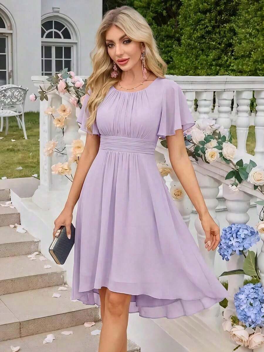 Vestido de dama de honor de gasa con pliegues y mangas con volantes, vestido de noche elegante para invitados de boda en primavera - Púrpura malva - Ver 1