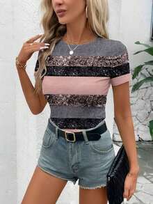 Camiseta de mujer de manga corta, ajustada, de cuello redondo, con estampado de rayas brillantes de estilo minimalista casual, adecuada para primavera/verano - Multicolor - Ver 7