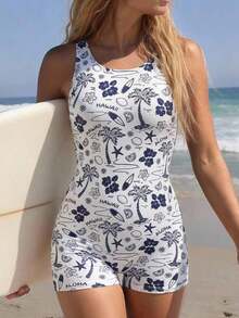 Traje de baño de una pieza con estampado floral retro y bloques de color con diseño sin espalda, de moda para el verano - Multicolor 2 - Ver 2