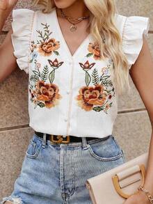 Clasi Blusa blanca elegante y casual con cuello en V, mangas con volantes, falso bordado y estampado floral, adecuada para primavera/verano - Blanco - Ver 3