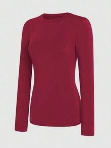 Camiseta De Manga Larga Cuello Redondo De Color Sólido Para Mujer - Burdeos - Ver 4