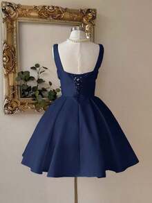 Vestido elegante, lujoso y noble de estilo palaciego con hombros abiertos, escote corazón sin tirantes, silueta de sirena, decoración de perlas falsas y bajo acampanado, adecuado para despedida de soltera, boda, graduación, vacaciones y fiesta de - Azul marino - Ver 7