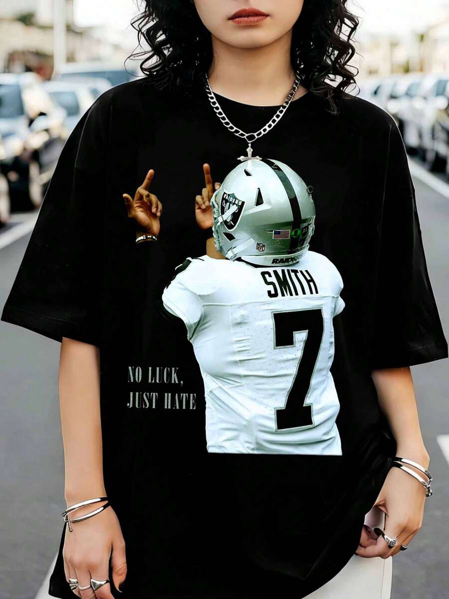 Retro 90s Oversized Black Graphic T-Shirt, Las Vegas RaiderSSS Smith #7, NFLSS Football Bootleg - Black - View 1
