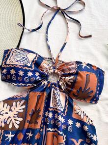 Vestido casual de verano con estampado de flores y mariposas, cuello de cordón y cintura hueca, apropiado para vacaciones, citas, San Valentín, té por la tarde - Multicolor 4 - Ver 6
