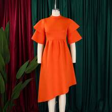 Women's Summer Dress, New Model, Double Ruffle Sleeve, Solid Color, Wide Full Skirt - 橘色 - 查看 2