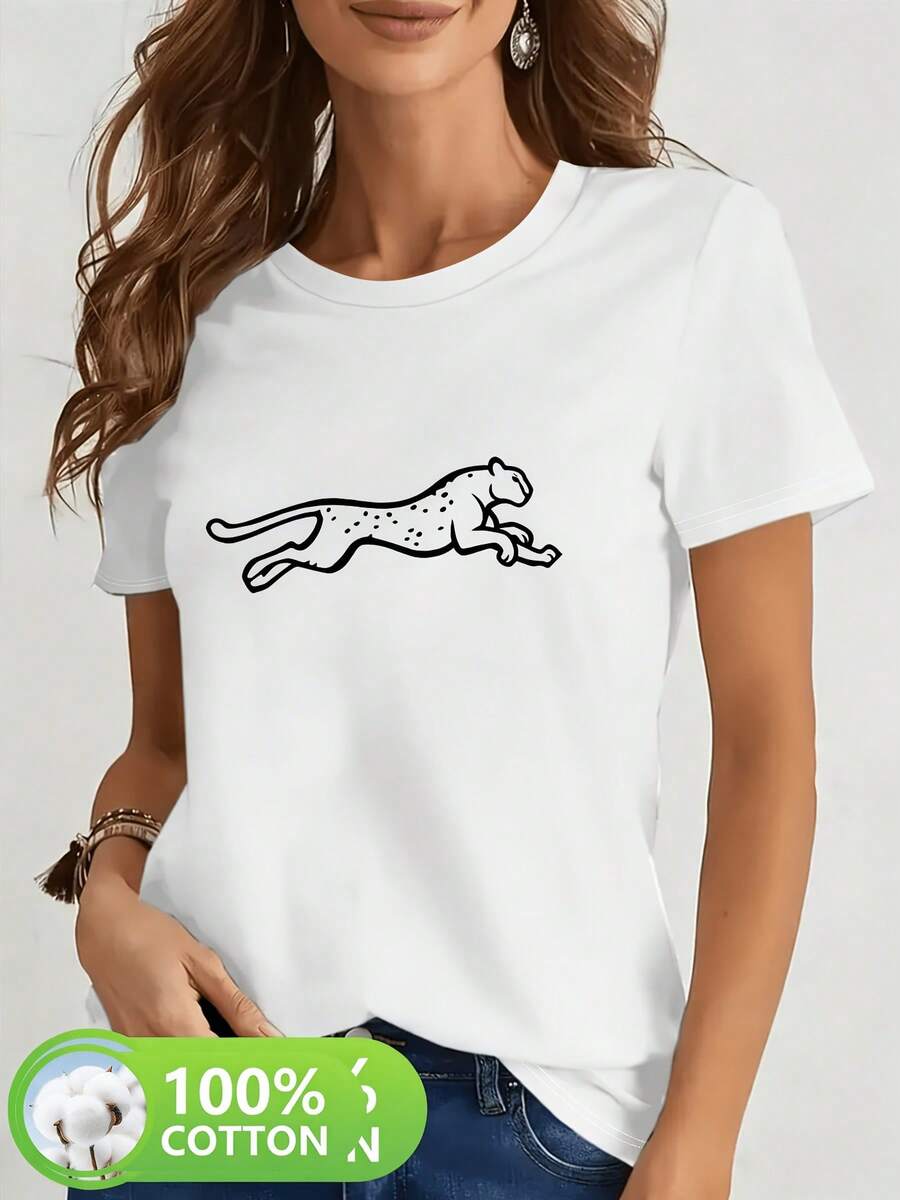 Cheetah Art Print - Y2K Style - Women's Fashion Casual Sports T-Shirt With Round Neck And Short Sleeves, 100% Cotton, Suitable For Spring, Summer, Autumn And Winter - 白色的 - 查看 1