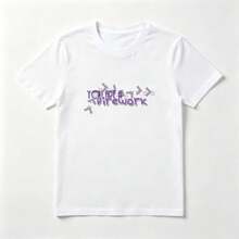 Purple Letters White Cotton T-Shirt With Sweet Stars - White - View 1