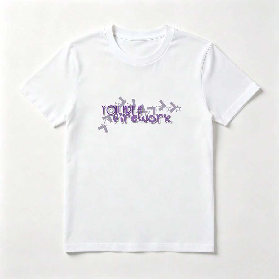 Purple Letters White Cotton T-Shirt With Sweet Stars - White - View 1
