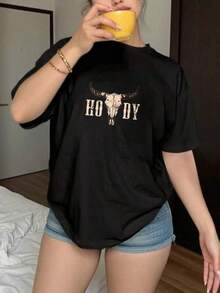 Camisetas para mujer cuello redondo juvenil trendy S-3XL, estilo urbano moda streetwear, uso informal para día a día, fiestas y reuniones, adecuada para verano y regalos - Negro - Ver 1