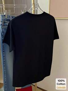 Custom Black Cartoon Print Short Sleeve Midi T-Shirt, Stylish Graphic Tee For Women's Summer Casual Wear - Unisex Cotton Loose Fit Short Sleeve Crew Neck Urban Vintage Style T-Shirt. - 黑色 - 查看 3