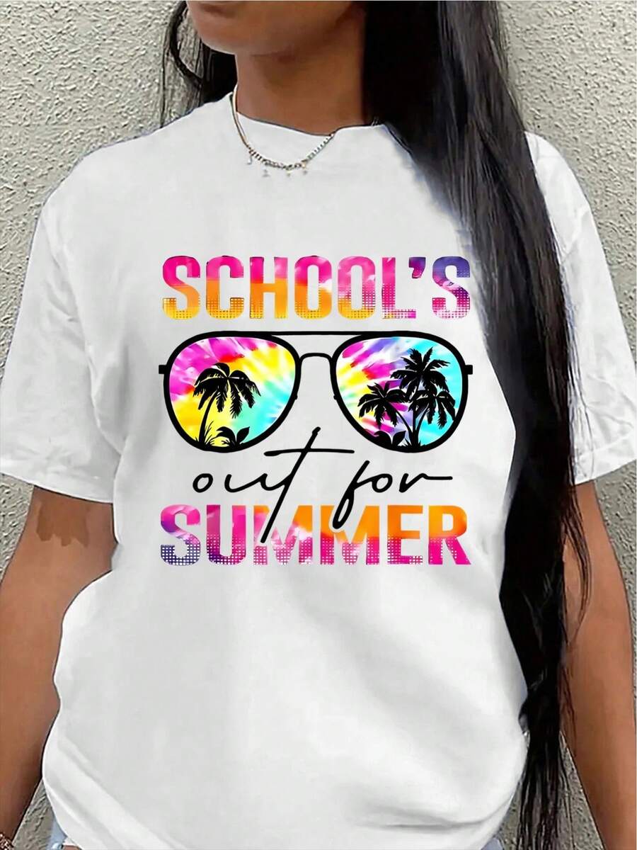 Lightweight And Durable Short-Sleeved T-Shirt With A Vibrant Tie-Dye Design Of Palm Trees And Sunglasses, Perfect For Beach Outings, Pool Days, Or Outdoor Gatherings, Making It An Ideal Choice For Casual Summer Wear. Women's Blouses > Clothing - 白色 - 查看 1