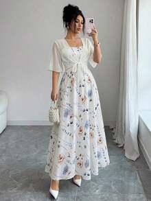 2 piezas Vestido de mujer de gasa con estampado floral y conjunto elegante y romántico para cita en verano y primavera - Multicolor 4 - Ver 10