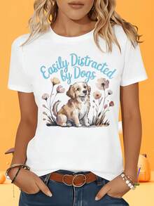 Women's Short-Sleeved T-Shirt In Black And White, Featuring A Floral Design And A Graphic Pet Print, Ideal For Dog Lovers. A Casual Summer T-Shirt, Perfect For Leisure, Vacations, Outdoor Activities, And Parties. Weight: 220 G. - 白色 - 查看 4