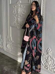 Hafizah Printed Cardigan Headscarf Outerwear Long Robe Chain Print Fashion Women's Long Robe Black Vacation - Black - View 6