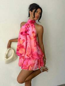 Vestido mini elegante de mujer con cuello halter y lazo en color amarillo claro - Multicolor - Ver 1