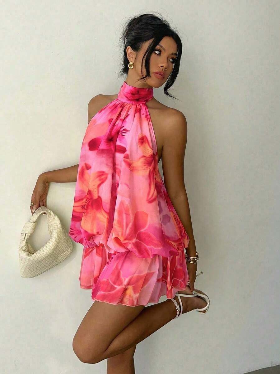 Vestido mini elegante de mujer con cuello halter y lazo en color amarillo claro - Multicolor - Ver 1