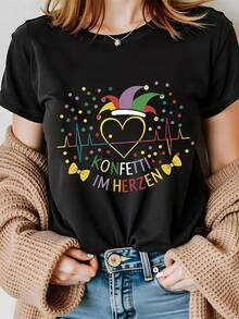 Women's Short Sleeve T-Shirt With Clown And Confetti Print - Soft, Crew Neck, Pullover Style, Clown Theme, Machine Washable, Suitable For Carnival Costumes, Parties And Casual Daily Wear - Comfortable Casual Wear (Suitable For All Seasons) - Unisex Loose Fit Cotton Short Sleeve Crew Neck T-Shirt, Urban Vintage Style. - 黑色 - 查看 1