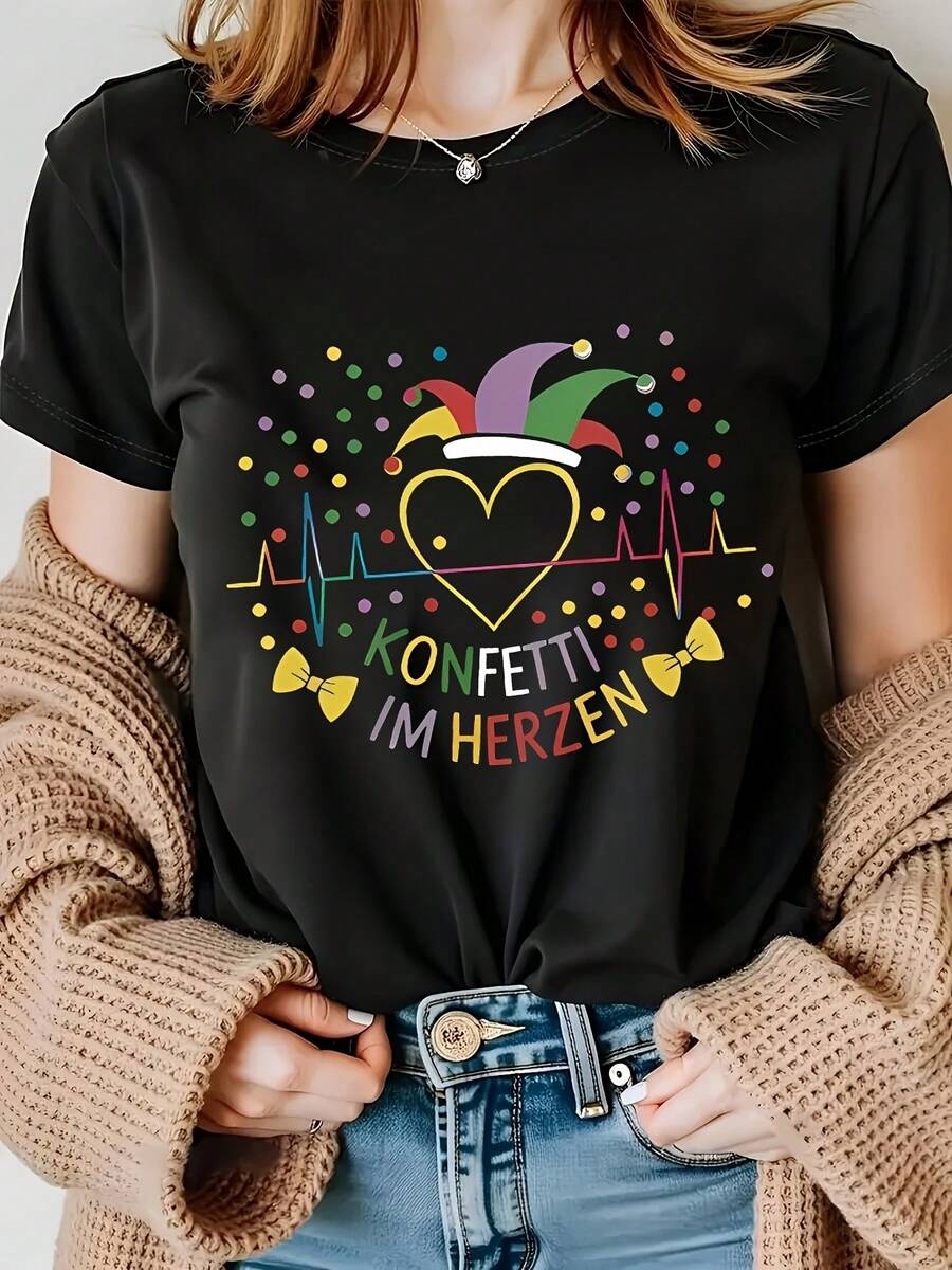 Women's Short Sleeve T-Shirt With Clown And Confetti Print - Soft, Crew Neck, Pullover Style, Clown Theme, Machine Washable, Suitable For Carnival Costumes, Parties And Casual Daily Wear - Comfortable Casual Wear (Suitable For All Seasons) - Unisex Loose Fit Cotton Short Sleeve Crew Neck T-Shirt, Urban Vintage Style. - 黑色 - 查看 1
