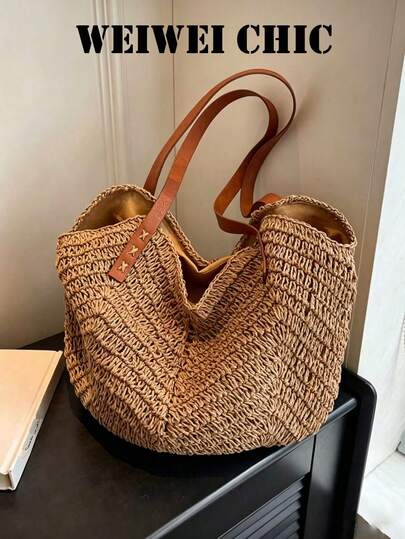 Túi tote đan bằng rơm dành cho nữ, túi đeo vai dung tích lớn với quai đeo bằng da PU, kiểu dáng giản dị và thoáng khí, lý tưởng cho mùa hè đi biển, kỳ nghỉ, mua sắm và đi chơi hàng ngày, hoàn hảo cho sinh viên, nữ công sở và những người yêu thích du lịch.