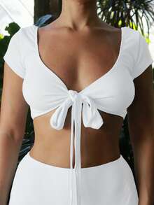 Women's Rib Knit Blouse, Adjustable Tie, Short Sleeve Square Neck And V-Neck Cropped Top For Yoga And Leisure - White - View 3