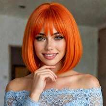 30cm Orange Straight Bobbed Wig With Bangs, High Density Synthetic Fiber, Adjustable Cap, Suitable For All Women To Wear On Halloween And Daily, Smooth And Versatile Style, Natural Look For Multiple Skin Tones - Orange - View 4