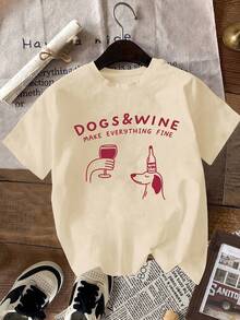 Women's Round Neck T-Shirt, New Fashion 2026, With Cartoon Puppy Print And Wine Red, Versatile For Daily Wear, Casual And Comfortable, Short Sleeve. - 卡其色 - 查看 1