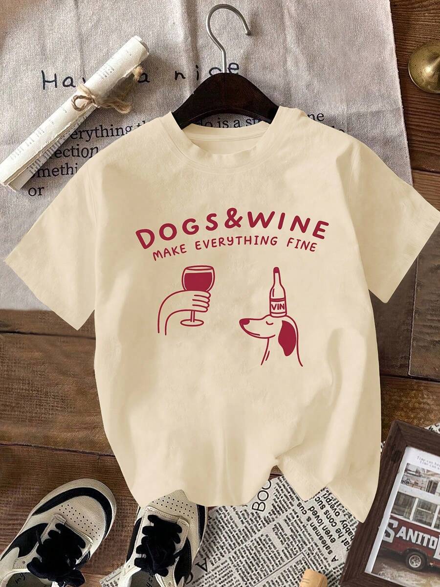 Women's Round Neck T-Shirt, New Fashion 2026, With Cartoon Puppy Print And Wine Red, Versatile For Daily Wear, Casual And Comfortable, Short Sleeve. - 卡其色 - 查看 1