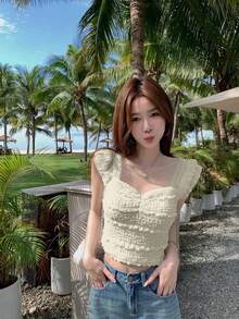 浪漫蕾絲彈性休閒短版上衣，百搭顯瘦夏季款 - 杏色 - 查看 2